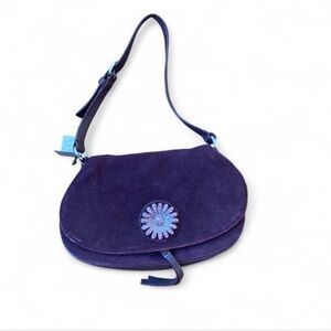 New York & co Purple Suede shoulder Bag with rhinestone Floral brooch NWT Y2k